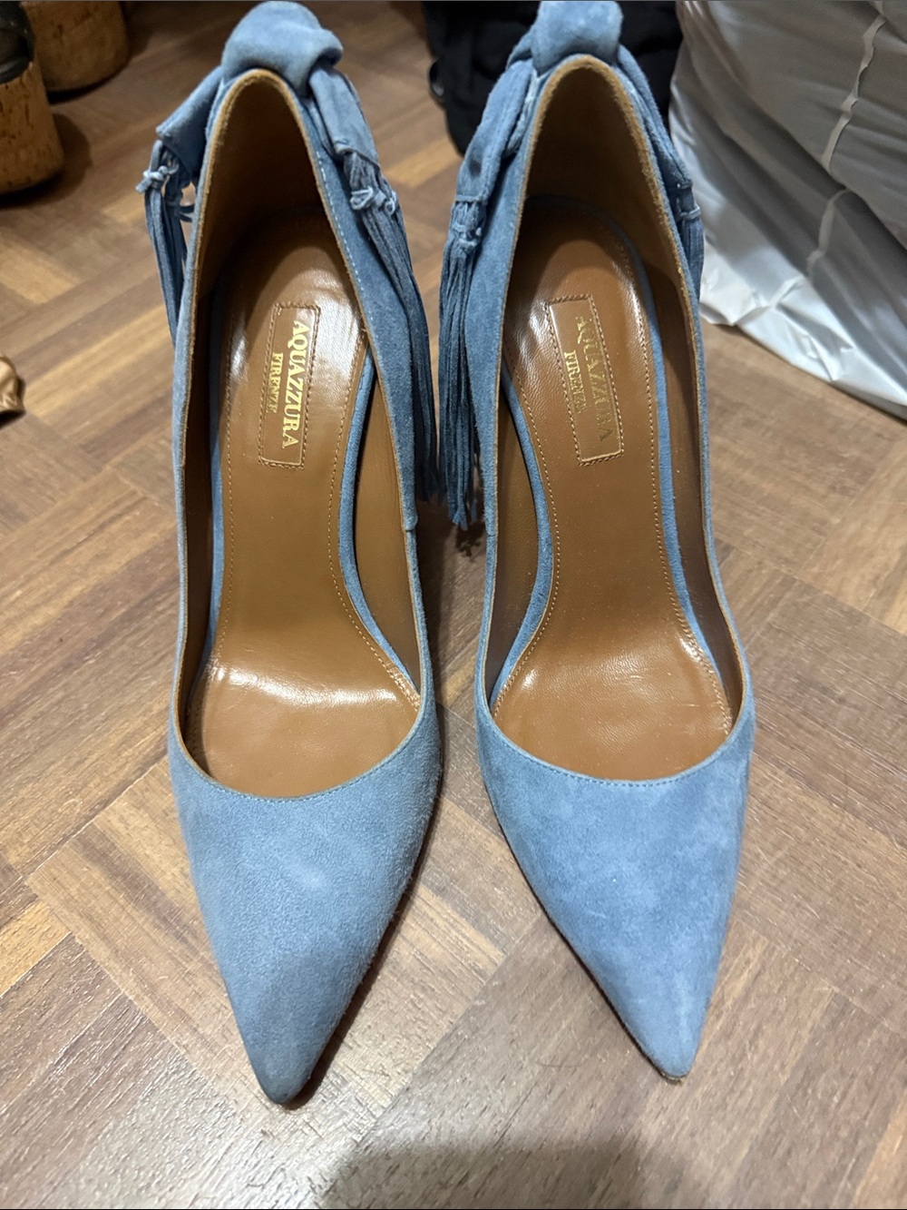 Aquazzura Light Blue Suede Pointed Toe Heels with Tassel 37